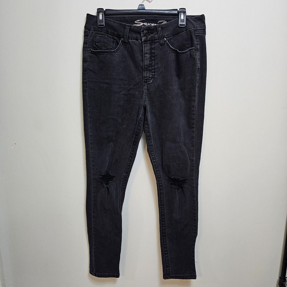 Seven7 Jeans Womens 10 Black High Rise Skinny Tummy Less Sliming Distressed